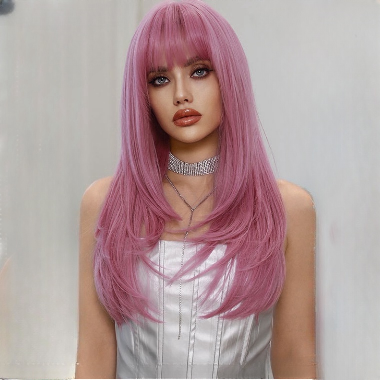 Pink Long Straight Hair Women Fashion Wig Thin Rattan Pink Purple Full Head Wig